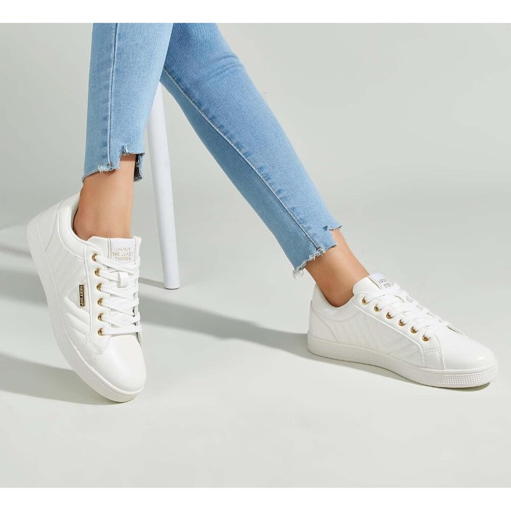 Women's White PU Glitter Shoes Sparkly Bling Shiny Bedazzled Lace Up Sneaker - Picture 6 of 9